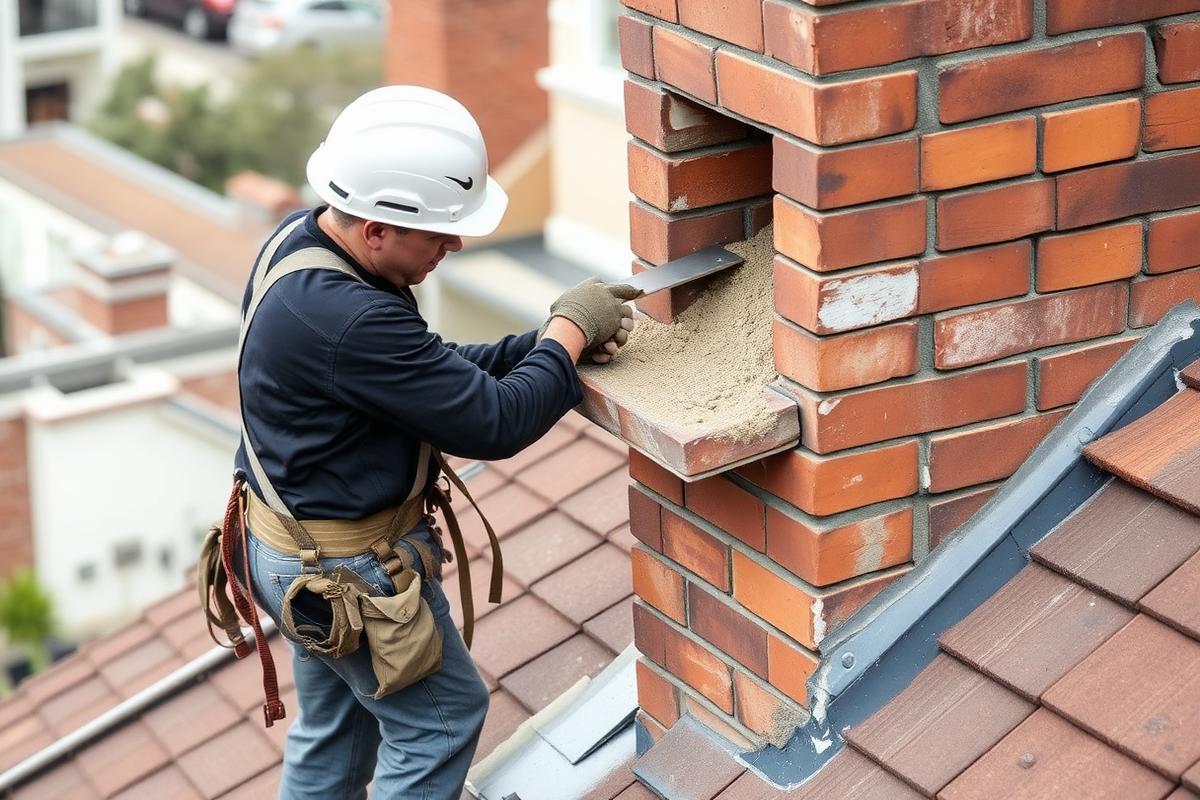 Mason repairing a brick chimney on a Worcester home